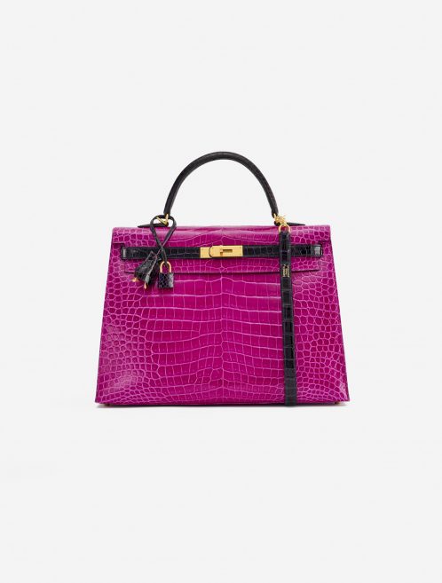 A pre-loved Hermès Kelly 35 HSS Crocodile Porosus Rose Scheherazade / Aubergine on SACLÀB