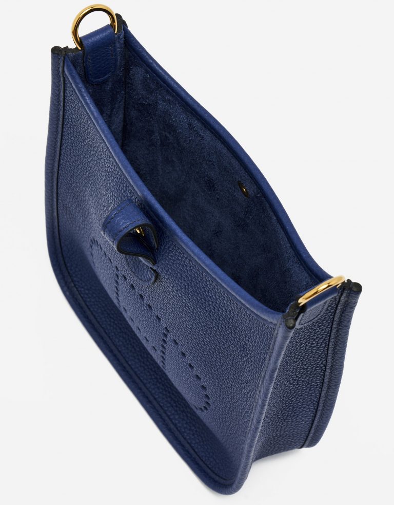 Inside of a pre-loved Hermès Evelyne 16 Amazone Blue Sapphire / Blue Indigo on SACLÀB