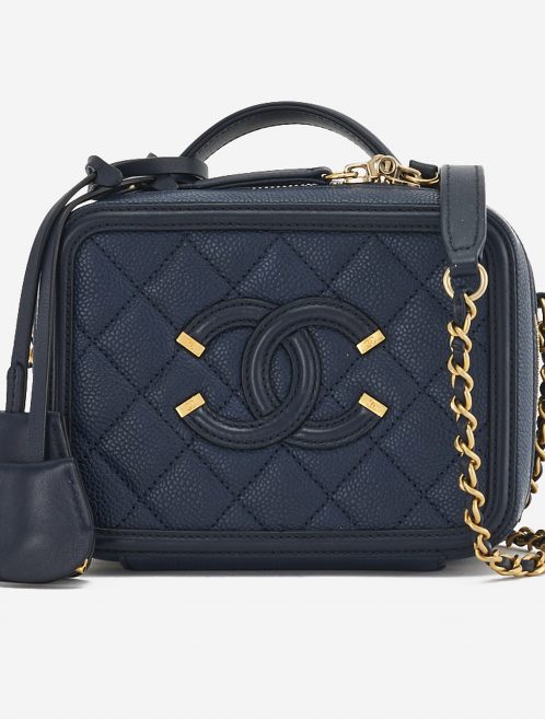 A pre-loved Chanel Vanity Case Small Caviar Leather in Dark Blue on SACLÀB