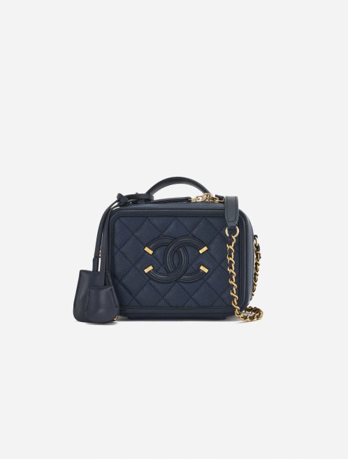 A pre-loved Chanel Vanity Case Small Caviar Leather in Dark Blue on SACLÀB