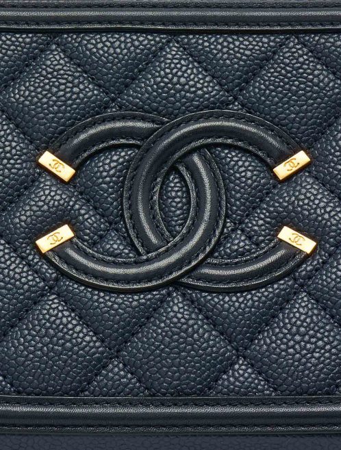 Chanel Filigree Logo Detail on a pre-loved Chanel Vanity Case Small Caviar Leather in Dark Blue on SACLÀB