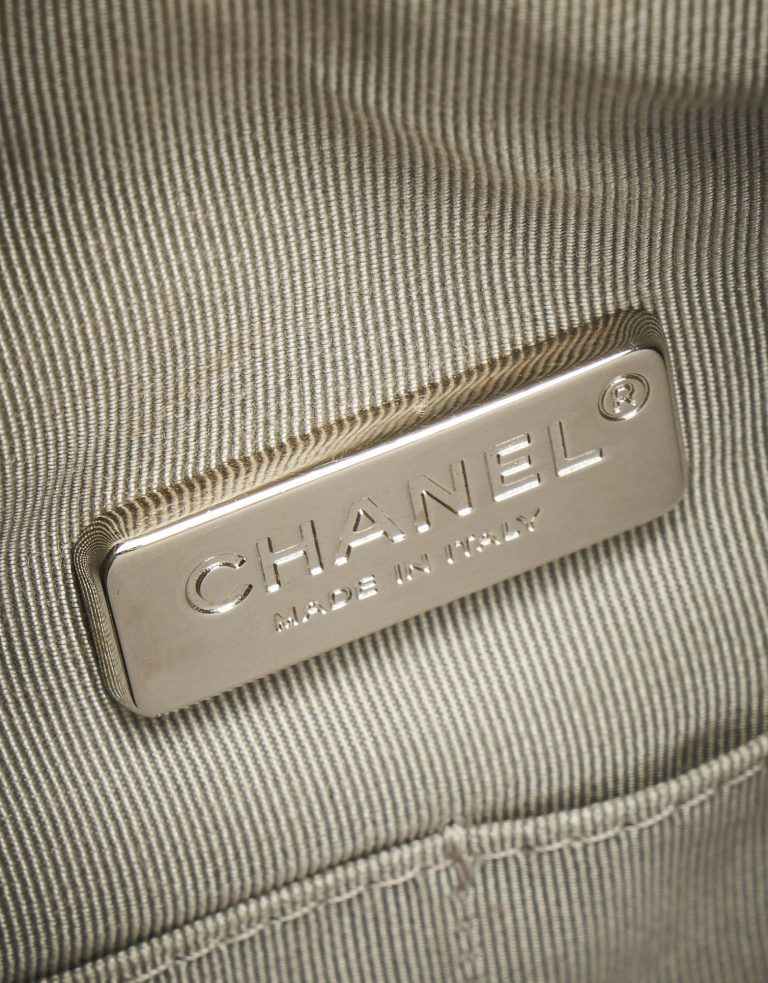 Logo Details on a Chanel Backpack in Seoul in Silver Lambskin on SACLÀB
