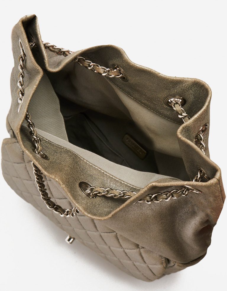 Drawstring Closure on a Chanel Backpack in Seoul in Silver Lambskin on SACLÀB