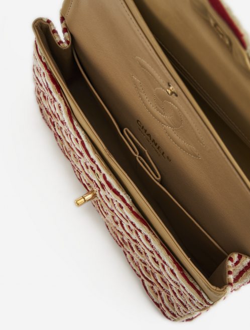 A limited-edition Chanel Timeless Medium made from Fabric and Pearls in Red and White on SACLÀB