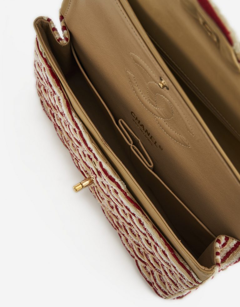A limited-edition Chanel Timeless Medium made from Fabric and Pearls in Red and White on SACLÀB