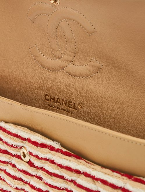 A limited-edition Chanel Timeless Medium made from Fabric and Pearls in Red and White on SACLÀB