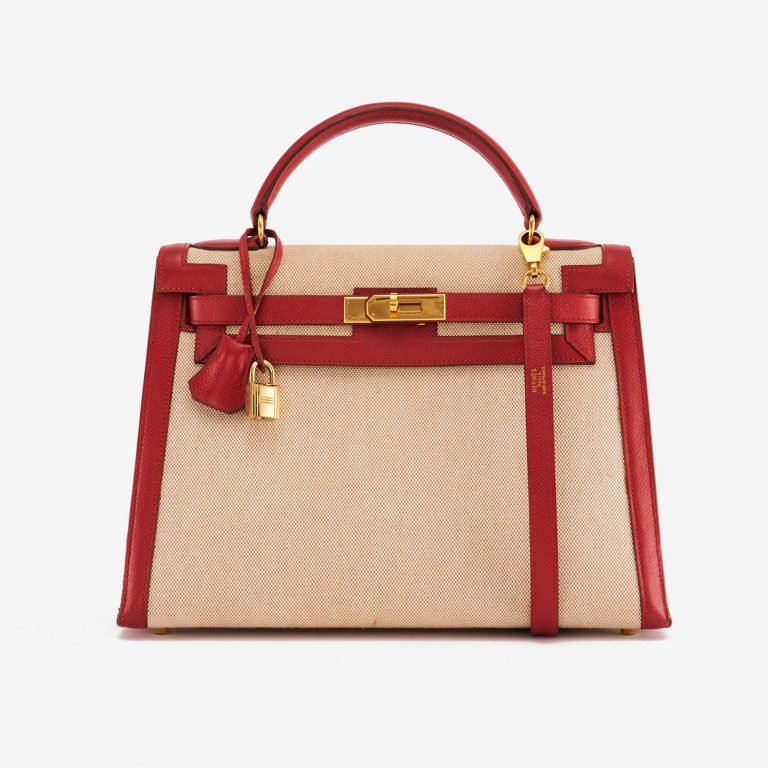 Pre-owned Hermès bag Kelly 32 Courchevel / Toile Rouge Vif / Toile Beige, Red | Sell your designer bag on Saclab.com