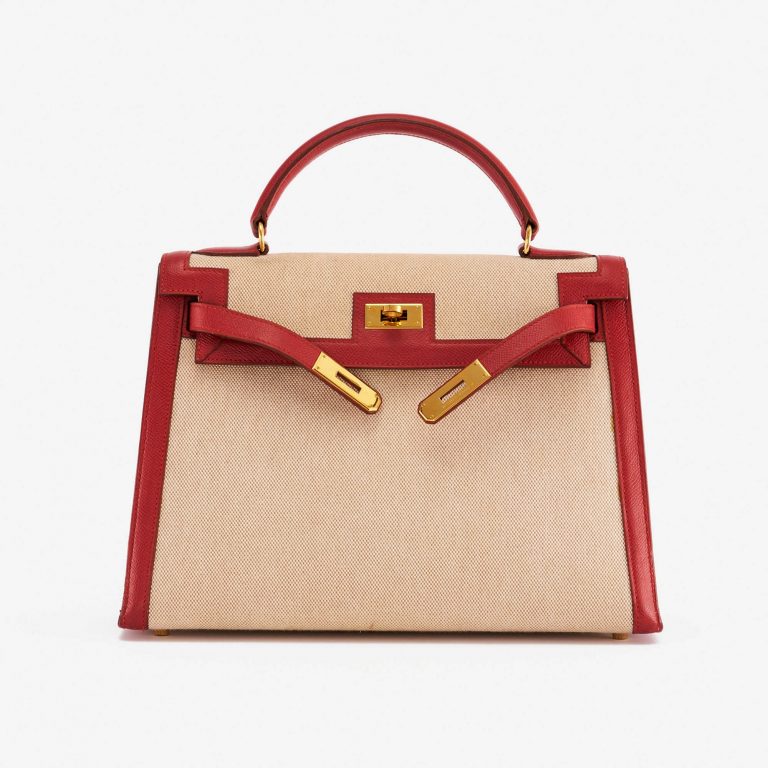 Pre-owned Hermès bag Kelly 32 Courchevel / Toile Rouge Vif / Toile Beige, Red | Sell your designer bag on Saclab.com