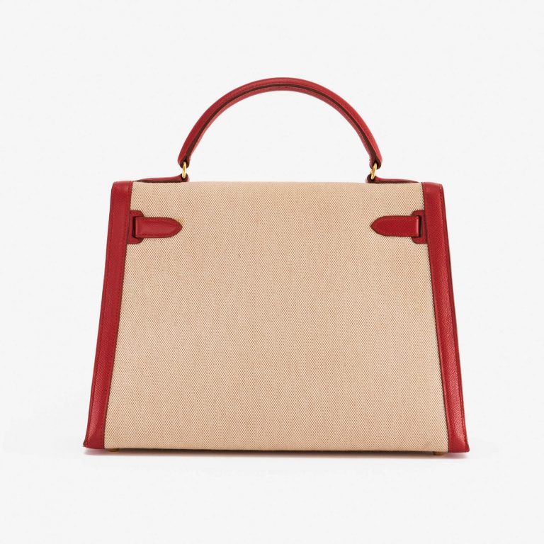 Pre-owned Hermès bag Kelly 32 Courchevel / Toile Rouge Vif / Toile Beige, Red | Sell your designer bag on Saclab.com