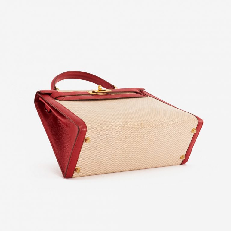 Pre-owned Hermès bag Kelly 32 Courchevel / Toile Rouge Vif / Toile Beige, Red | Sell your designer bag on Saclab.com