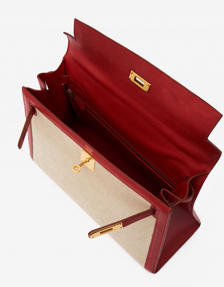 Pre-owned Hermès bag Kelly 32 Courchevel / Toile Rouge Vif / Toile Beige, Red | Sell your designer bag on Saclab.com