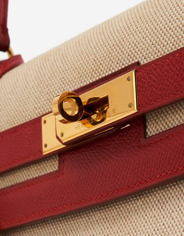 Pre-owned Hermès bag Kelly 32 Courchevel / Toile Rouge Vif / Toile Beige, Red | Sell your designer bag on Saclab.com
