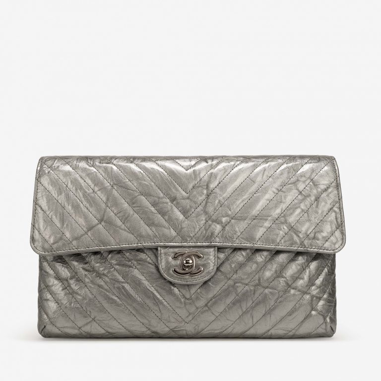 Chanel Timeless Clutch Lamb Chevron Silver