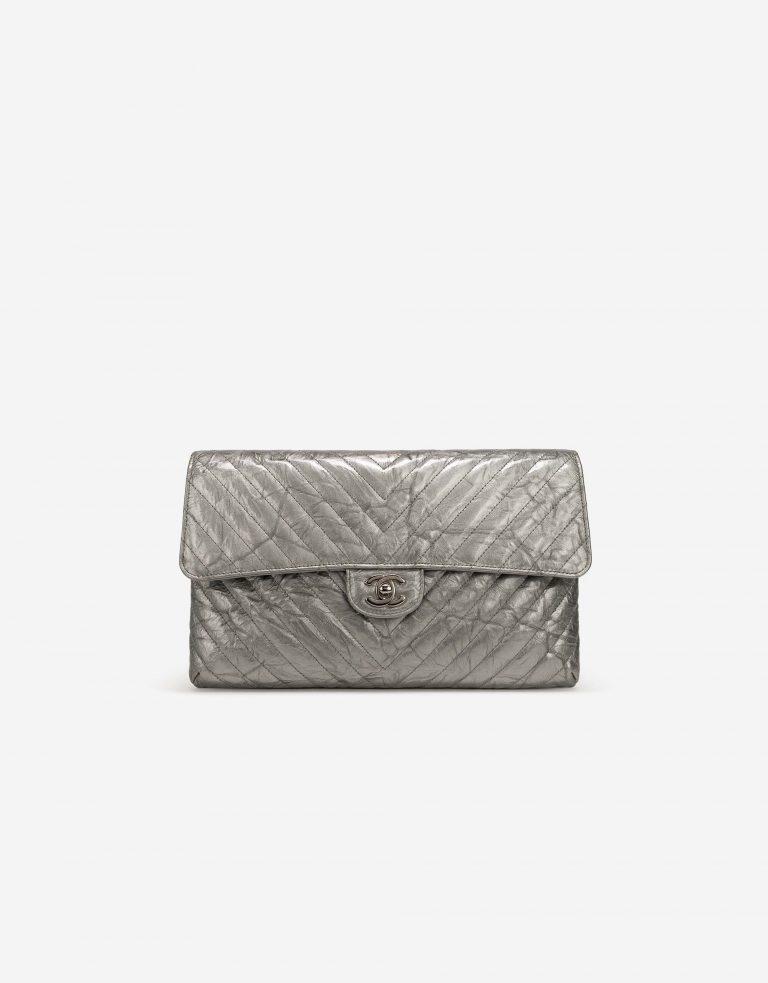 Chanel Timeless Clutch Lamb Chevron Silver