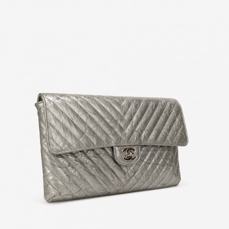 Chanel Timeless Clutch Lamb Chevron Silver
