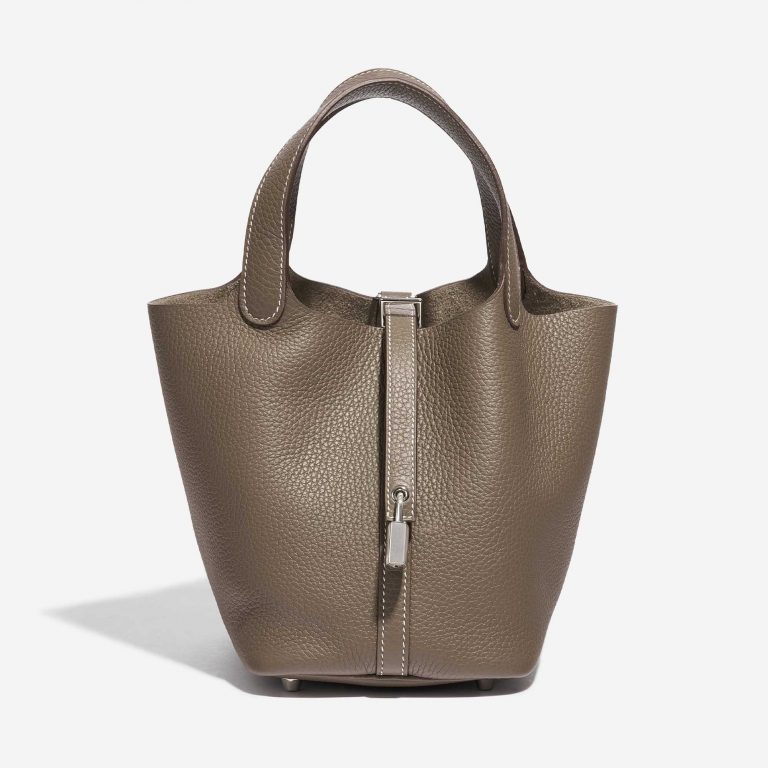 Pre-owned Hermès bag Picotin 18 Taurillon Clemence Etoupe Brown Front | Sell your designer bag on Saclab.com