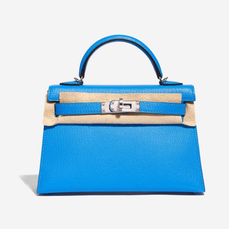 Pre-owned Hermès bag Kelly Mini Chèvre Mysore Blue Hydra Blue Front Velt | Sell your designer bag on Saclab.com