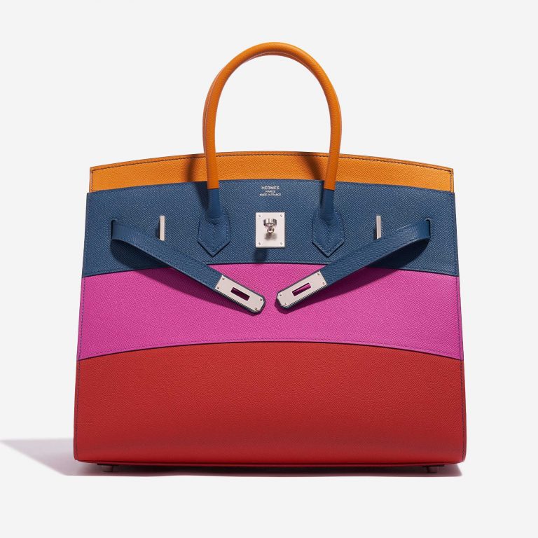 Pre-owned Hermès bag Birkin 35 Sunset Rainbow Epsom Apricot / Blue Agate / Magnolia / Rouge Casaque Blue, Multicolour, Orange, Pink, Red Front Open | Sell your designer bag on Saclab.com