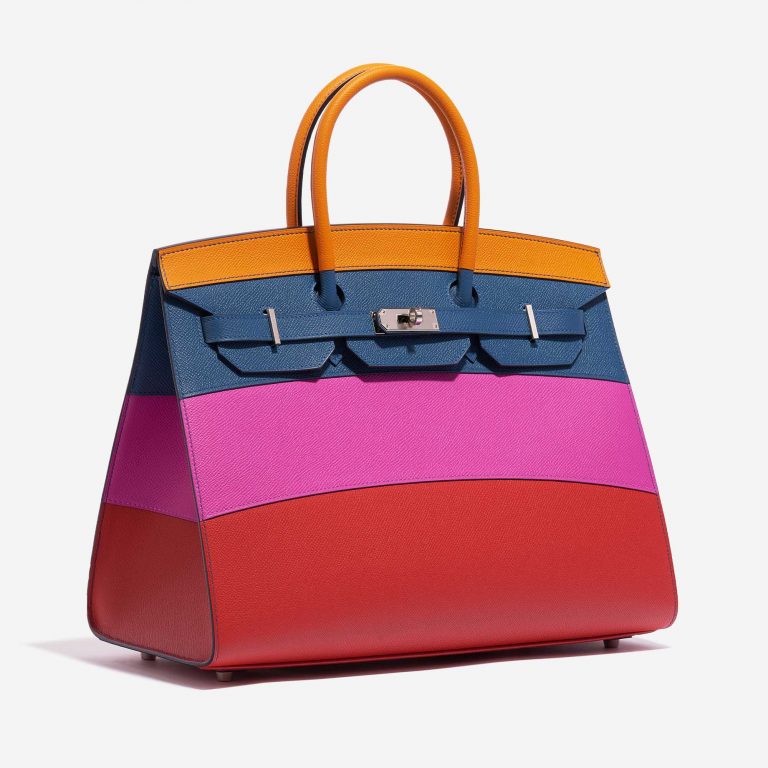 Pre-owned Hermès bag Birkin 35 Sunset Rainbow Epsom Apricot / Blue Agate / Magnolia / Rouge Casaque Blue, Multicolour, Orange, Pink, Red Side Front | Sell your designer bag on Saclab.com