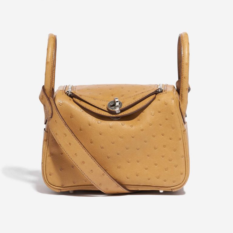Pre-owned Hermès bag Lindy 20 Mini Ostrich Tabac Camel Yellow Front | Sell your designer bag on Saclab.com