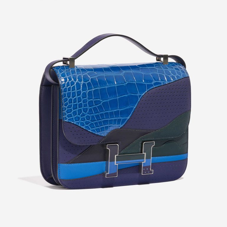 Pre-owned Hermès bag Constance 24 Endless Road Swift / Alligator / Lizard Blue Encre / Blue Zellige / Vert Cypress / Blue Nuit Blue, Multicolour Side Front | Sell your designer bag on Saclab.com