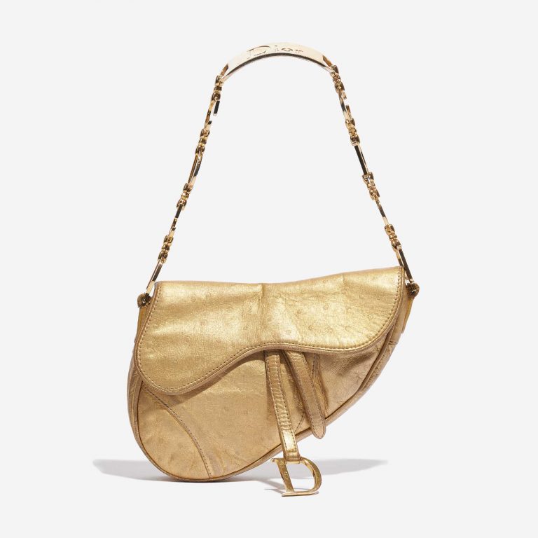 Pre-owned Dior bag Saddle Mini Ostrich Gold Gold Front | Sell your designer bag on Saclab.com