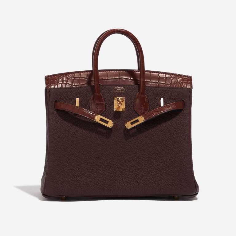 Pre-owned Hermès bag Birkin 25 Touch Matte Alligator / Togo Rouge Sellier / Bourgogne Brown, Violet Front Open | Sell your designer bag on Saclab.com