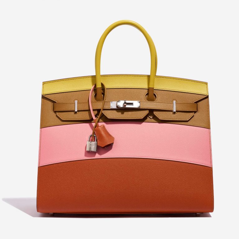 Pre-owned Hermès bag Birkin 35 Sunrise Rainbow Epsom Lime / Rose Confetti / Sesame / Terre Battue Brown, Multicolour, Pink, Red, Rose, Yellow Front | Sell your designer bag on Saclab.com