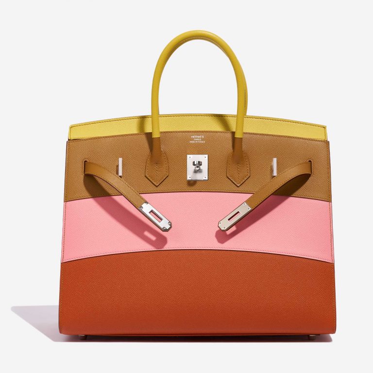 Pre-owned Hermès bag Birkin 35 Sunrise Rainbow Epsom Lime / Rose Confetti / Sesame / Terre Battue Brown, Multicolour, Pink, Red, Rose, Yellow Front Open | Sell your designer bag on Saclab.com