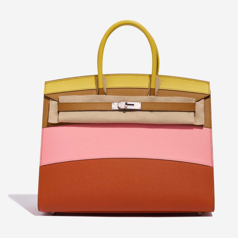 Pre-owned Hermès bag Birkin 35 Sunrise Rainbow Epsom Lime / Rose Confetti / Sesame / Terre Battue Brown, Multicolour, Pink, Red, Rose, Yellow Front Velt | Sell your designer bag on Saclab.com