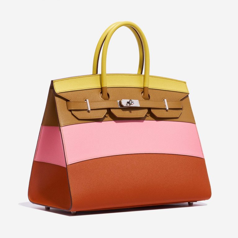 Pre-owned Hermès bag Birkin 35 Sunrise Rainbow Epsom Lime / Rose Confetti / Sesame / Terre Battue Brown, Multicolour, Pink, Red, Rose, Yellow Side Front | Sell your designer bag on Saclab.com
