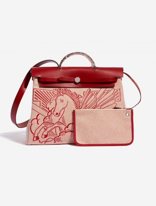 Pre-owned Hermès bag Herbag 39 Pègase Pop Toile / Vache Hunter Écru / Rouge Piment Beige, Red Front | Sell your designer bag on Saclab.com