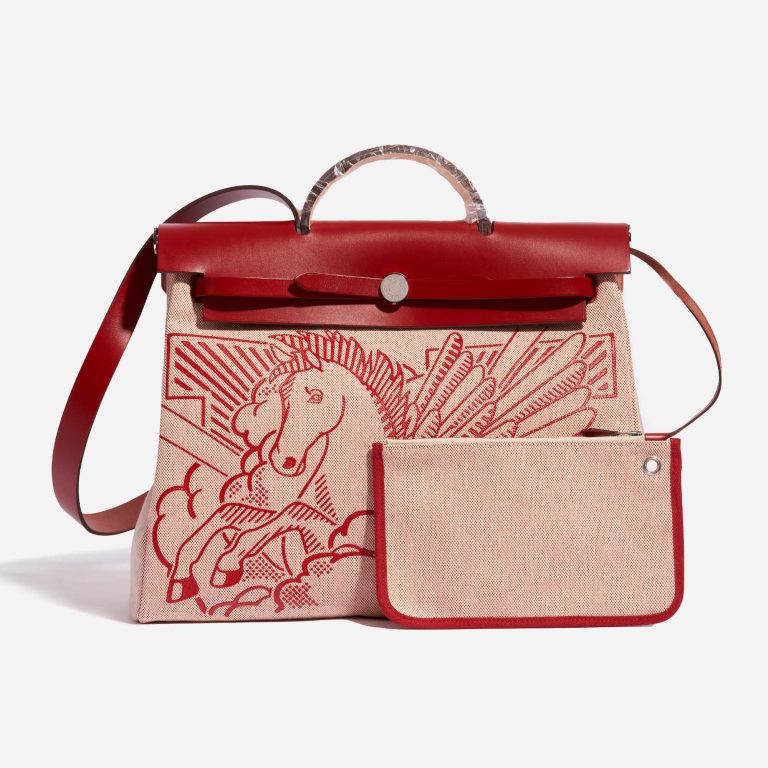 Pre-owned Hermès bag Herbag 39 Pègase Pop Toile / Vache Hunter Écru / Rouge Piment Beige, Red Front | Sell your designer bag on Saclab.com