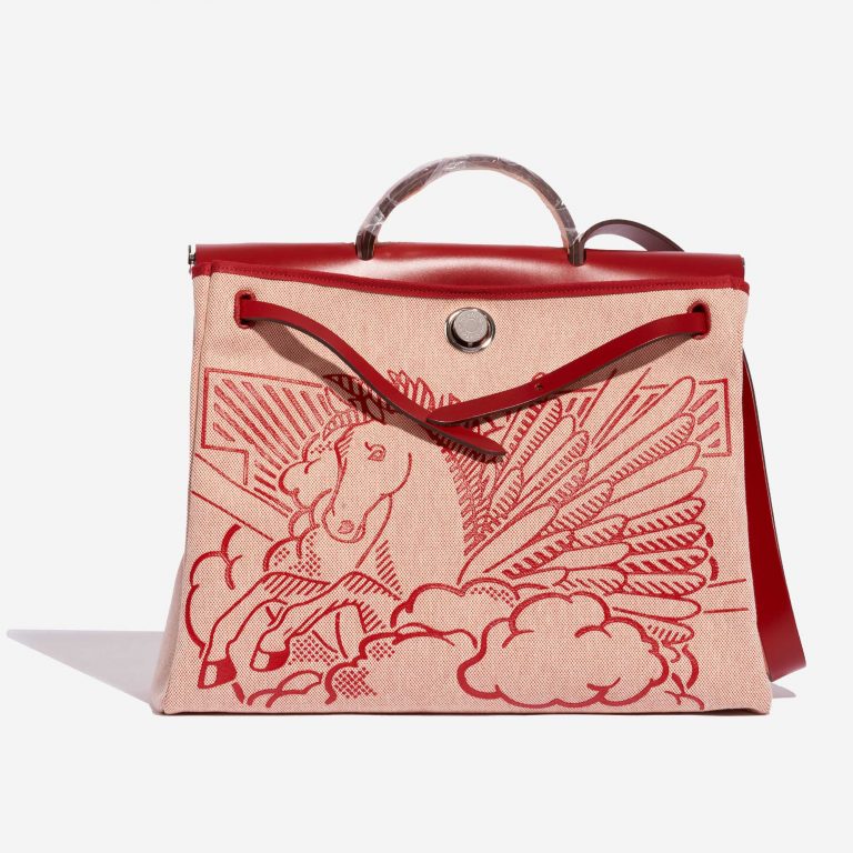 Pre-owned Hermès bag Herbag 39 Pègase Pop Toile / Vache Hunter Écru / Rouge Piment Beige, Red Front Open | Sell your designer bag on Saclab.com