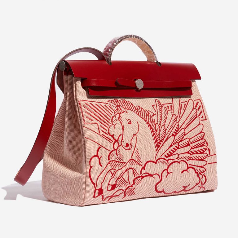Pre-owned Hermès bag Herbag 39 Pègase Pop Toile / Vache Hunter Écru / Rouge Piment Beige, Red Side Front | Sell your designer bag on Saclab.com