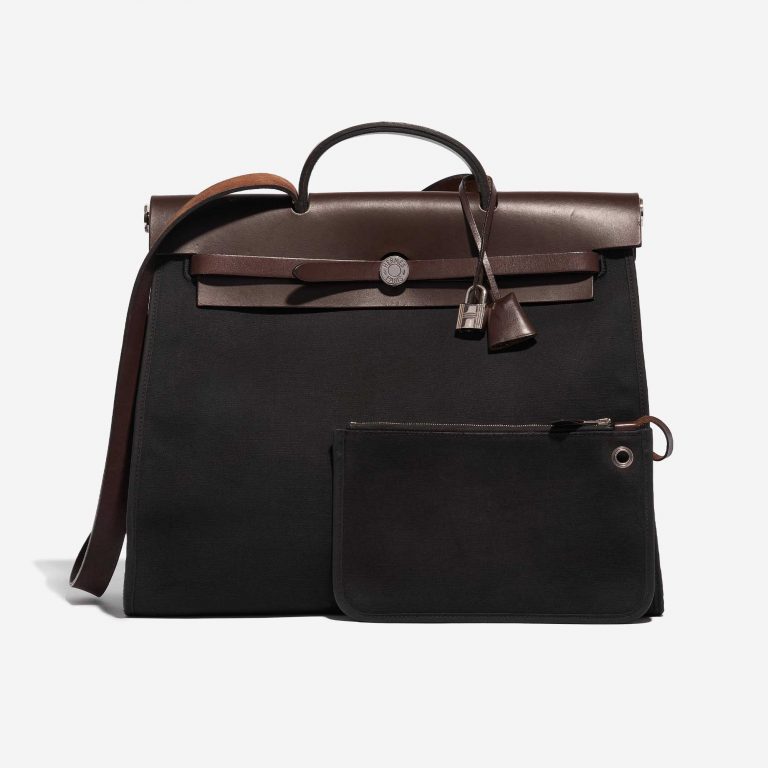Pre-owned Hermès bag Herbag 39 Toile / Vache Hunter Black / Chocolate Black, Brown Front | Sell your designer bag on Saclab.com