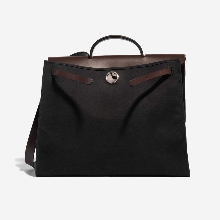 Pre-owned Hermès bag Herbag 39 Toile / Vache Hunter Black / Chocolate Black, Brown Front Open | Sell your designer bag on Saclab.com