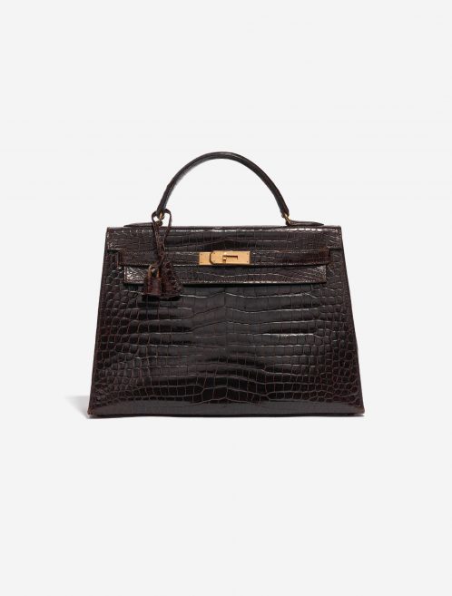 Pre-owned Hermès bag Kelly 32 Porosus Crocodile Dark Brown Brown Front | Sell your designer bag on Saclab.com