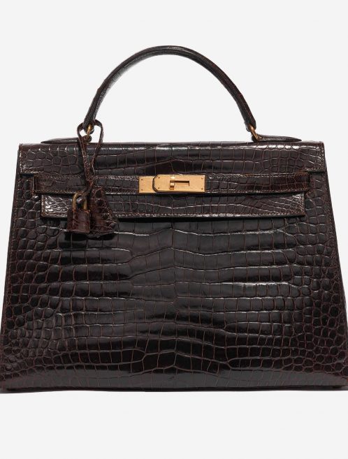 Pre-owned Hermès bag Kelly 32 Porosus Crocodile Dark Brown Brown Front | Sell your designer bag on Saclab.com