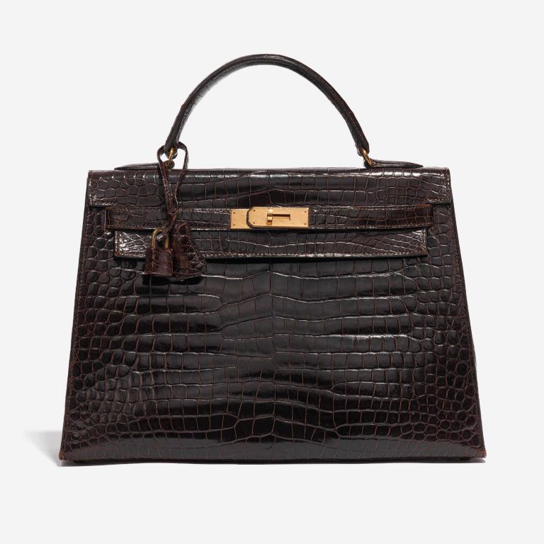 Pre-owned Hermès bag Kelly 32 Porosus Crocodile Dark Brown Brown Front | Sell your designer bag on Saclab.com