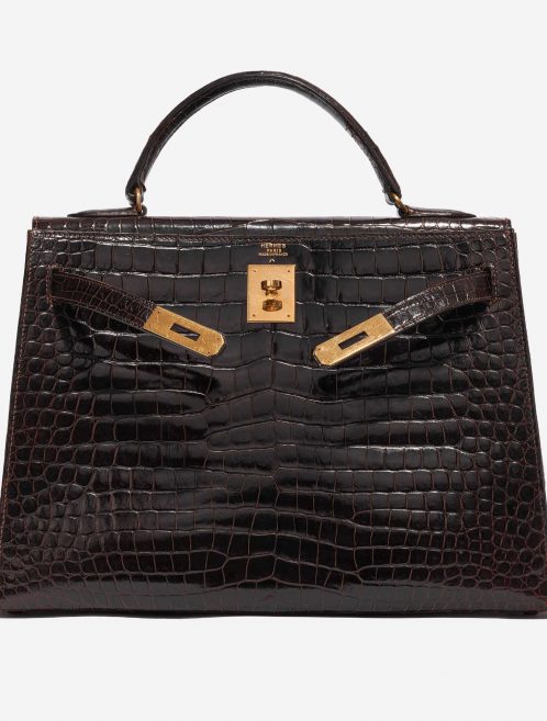 Pre-owned Hermès bag Kelly 32 Porosus Crocodile Dark Brown Brown Front Open | Sell your designer bag on Saclab.com