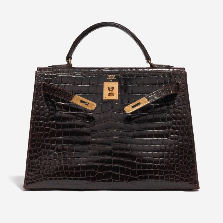 Pre-owned Hermès bag Kelly 32 Porosus Crocodile Dark Brown Brown Front Open | Sell your designer bag on Saclab.com