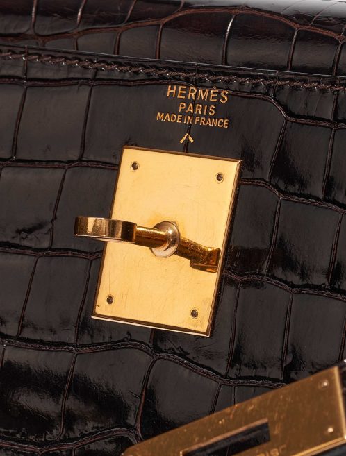Pre-owned Hermès bag Kelly 32 Porosus Crocodile Dark Brown Brown Logo | Sell your designer bag on Saclab.com