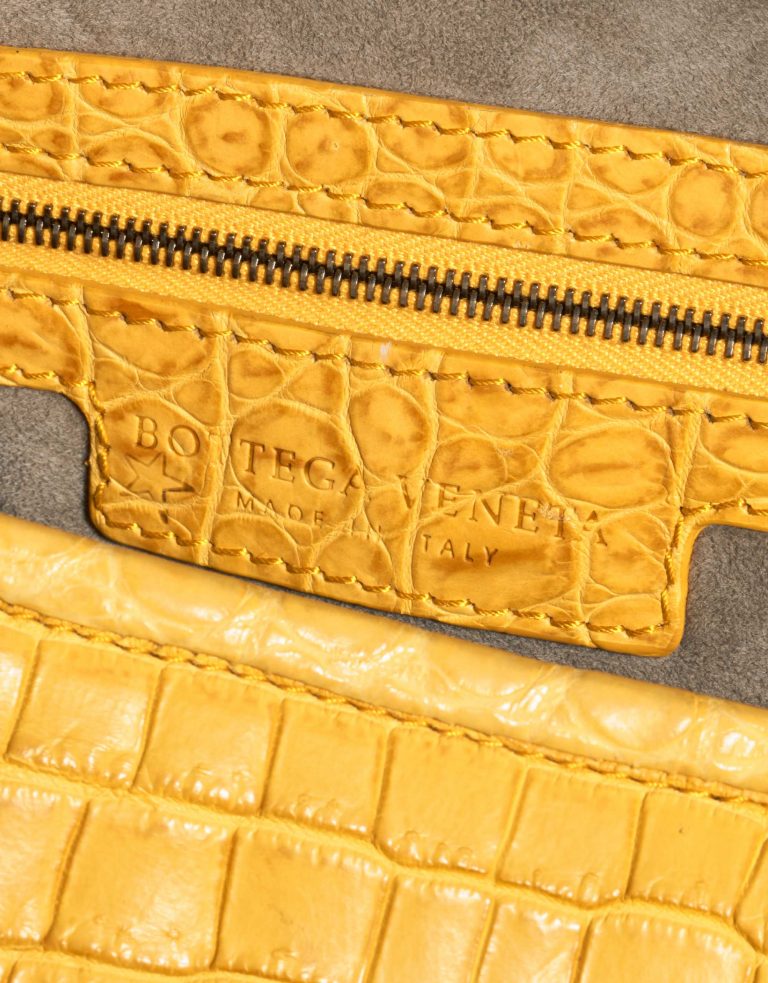 Pre-owned Bottega Veneta bag Hobo / Jodie Medium Matte Soft Crocodile Mirabelle Yellow Logo | Sell your designer bag on Saclab.com