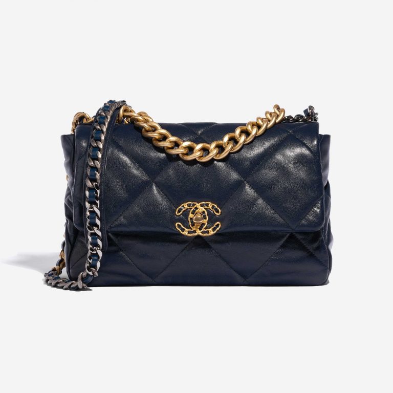 Pre-owned Chanel bag 19 Flap Bag Large Lamb Navy Blue Front | Sell your designer bag on Saclab.com