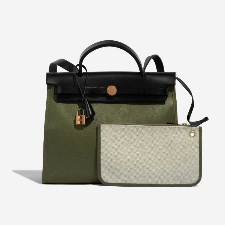 Pre-owned Hermès bag Herbag 31 Toile / Vache Hunter Lichen / Ecru / Black Black, Green Front | Sell your designer bag on Saclab.com