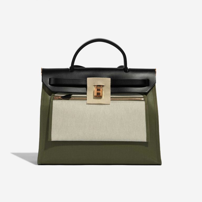 Pre-owned Hermès bag Herbag 31 Toile / Vache Hunter Lichen / Ecru / Black Black, Green Front Velt | Sell your designer bag on Saclab.com
