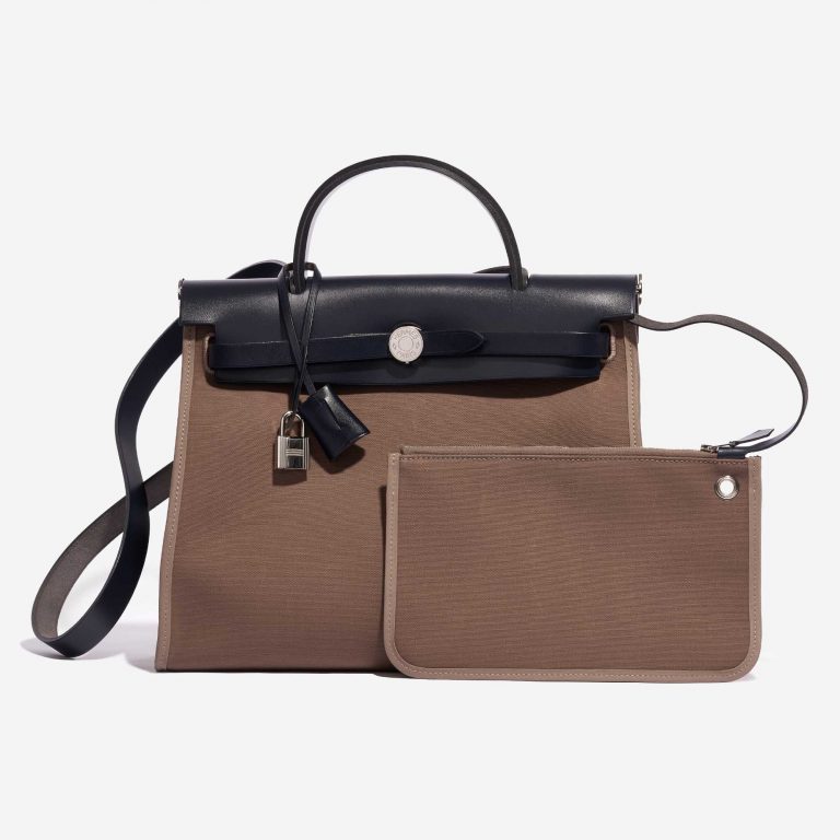 Pre-owned Hermès bag Herbag 31 Canvas / Vache Hunter  Etoupe / Blue Indigo Brown Front | Sell your designer bag on Saclab.com