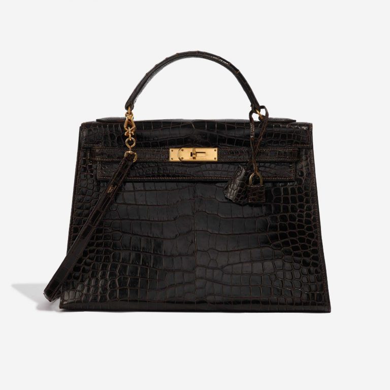 Pre-owned Hermès bag Kelly 32 Porosus Crocodile Dark Brown Brown Front | Sell your designer bag on Saclab.com