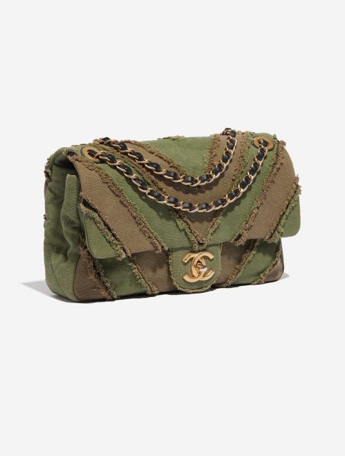 Pre-owned Chanel bag Timeless Medium Chevron Patchwork Canvas Khaki Green Side Front | Sell your designer bag on Saclab.com